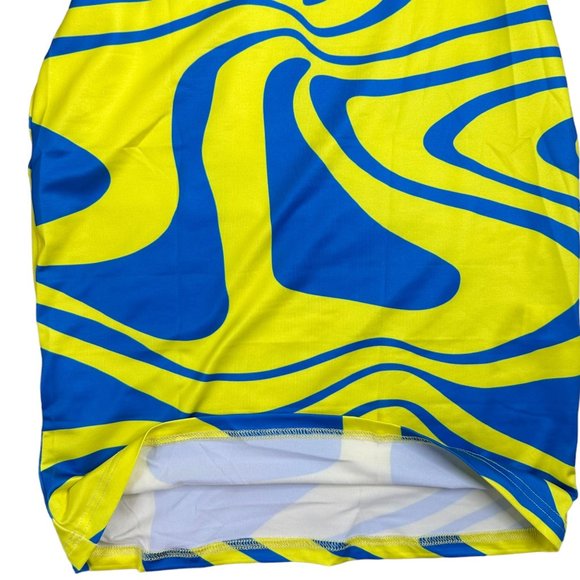 Women Bodycon Strapless Dress Large Yellow Blue Midi Stretch Backless - Picture 14 of 15
